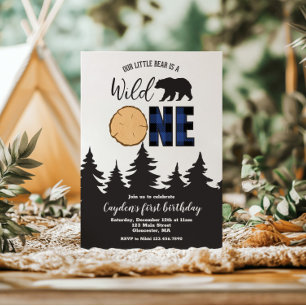Invitación Oso Salvaje Azul Buffalo Cuadros Primer Cumpleaños