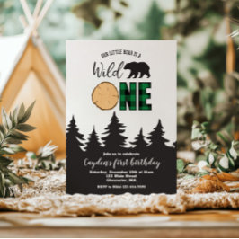 Invitación Oso Salvaje de Plaid Verde de Búfalo Cumpleaños