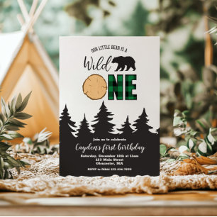 Invitación Oso Salvaje de Plaid Verde de Búfalo Cumpleaños