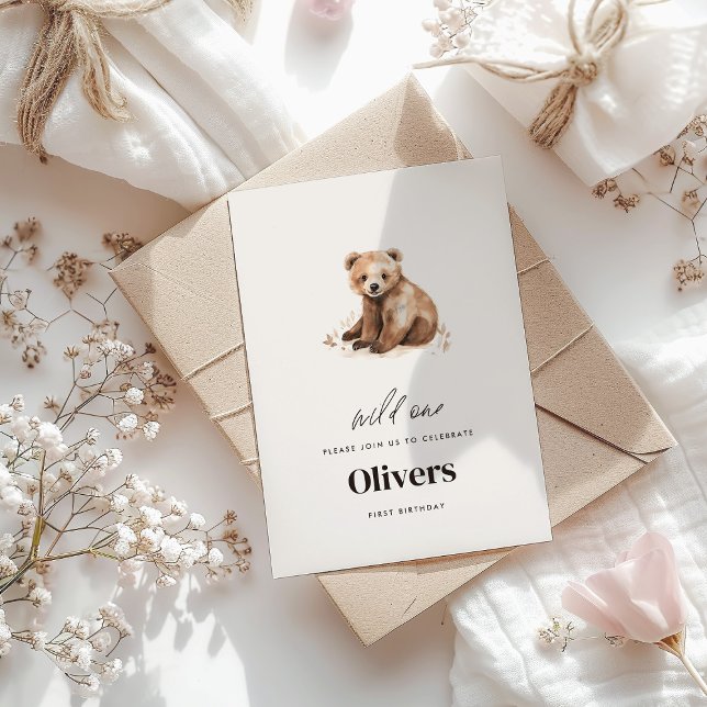 Invitación Oso salvaje de una acuarela de primer cumpleaños m (Subido por el creador)