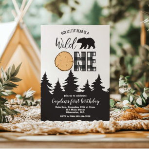 Invitación Oso Salvaje Plaid Negro Búfalo Cumpleaños Número U