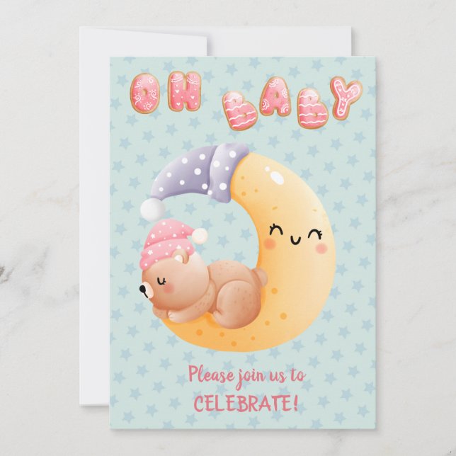 Invitación Oso somnoliento y suave en Baby Shower Chica de la (Anverso)