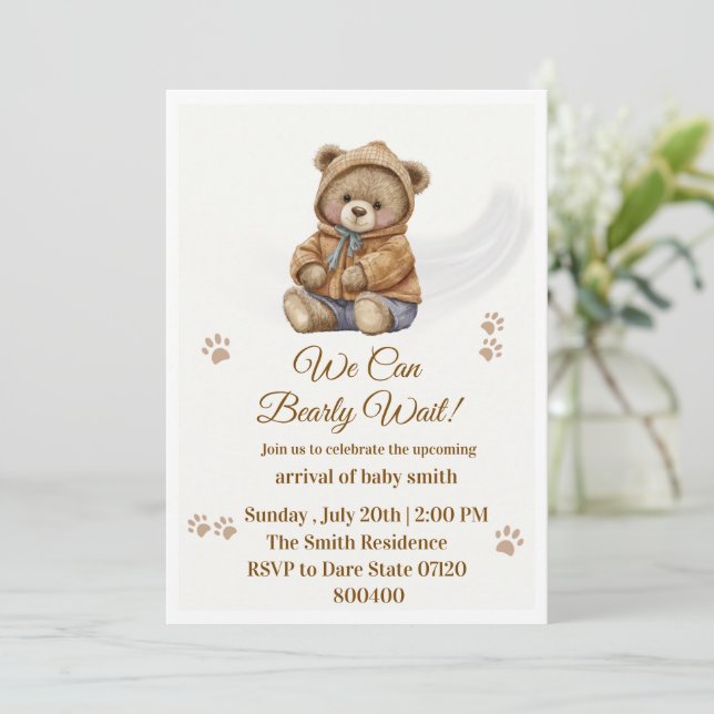 Invitación Oso Teddy Boho "Apenas Podemos Esperar" Baby Showe (Anverso de pie)