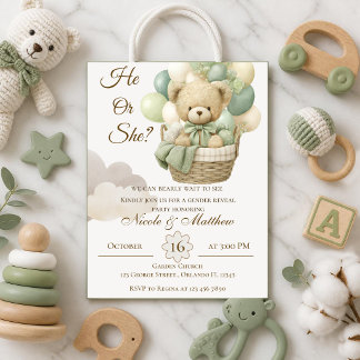 Invitación Oso Teddy Él o Ella con Globos Revelación de Géner