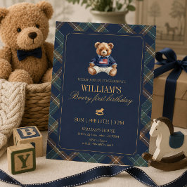 Invitación Oso Teddy Plaid Boy Navy cumpleaños 1º