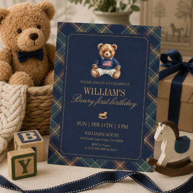 Invitación Oso Teddy Plaid Boy Navy cumpleaños 1º (Subido por el creador)