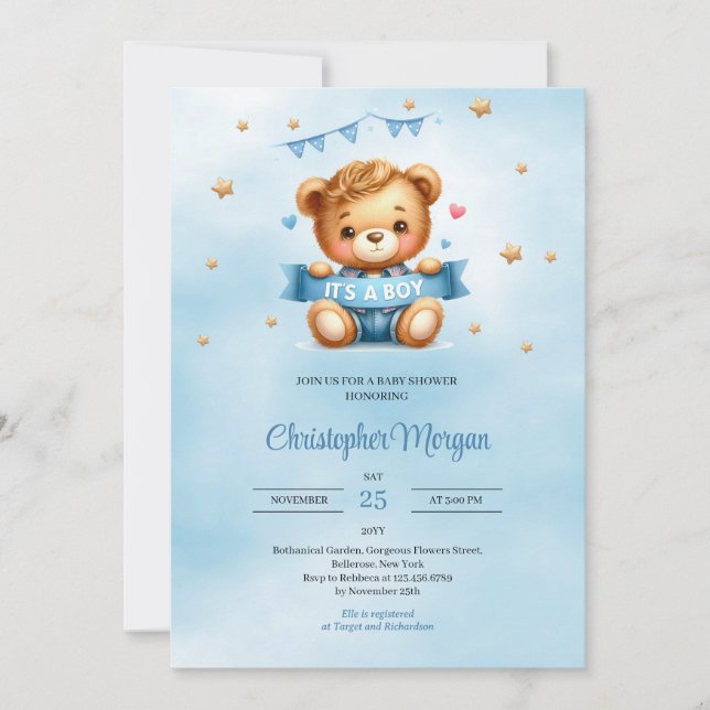 Invitación Oso único de peluche es una ducha de bebé (Anverso)