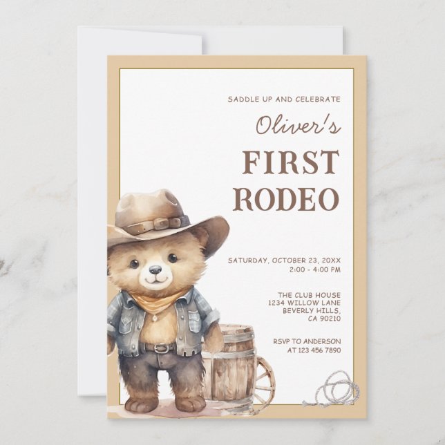 Invitación Oso vaquero occidental cumpleaños primer rodeo (Anverso)