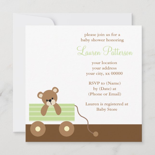 Invitación Oso verde Baby Shower del carro (Anverso)