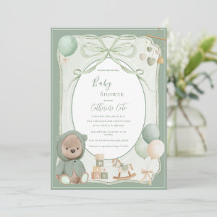 Invitación Oso Verde con Juguetes Fiesta de Bebé Vintage