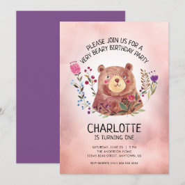 Invitación Oso y flores de la fiesta de cumpleaños del chica