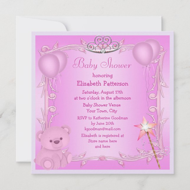 Invitación Oso y globos rosados Baby Shower de la princesa (Anverso)