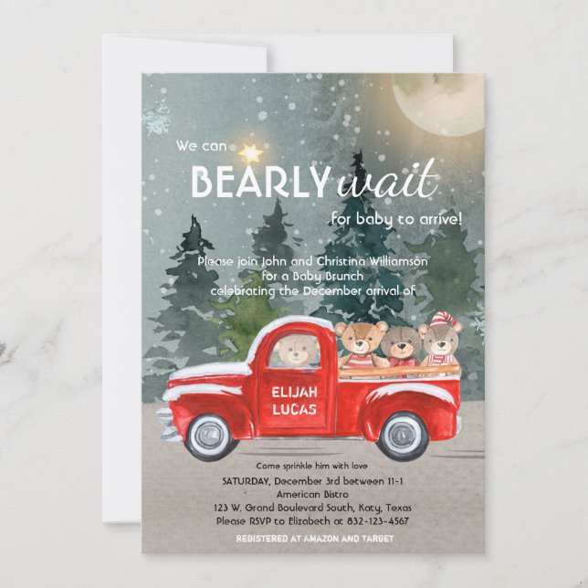 Invitación Osos de peluche en Baby Shower de Camión Rojo (Anverso)