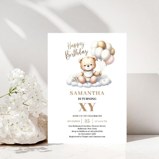 Invitación Osos de peluche para cumpleaños de niños elegantes (Elegant 10th Birthday Teddy Bear Gold Balloons)