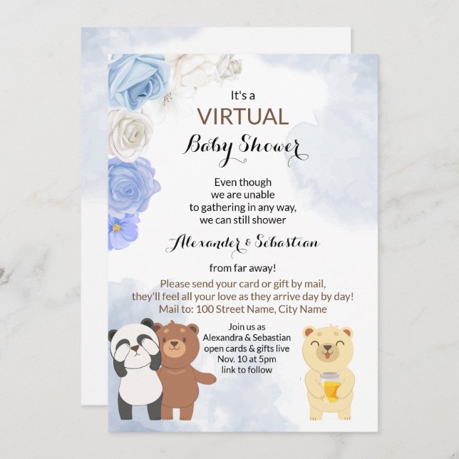 Invitación Osos de Teddy de Baby Shower virtuales (Anverso / Reverso)