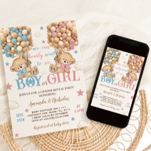 Invitación Osos Estrellas y Globos Rosa Azul Revelación de Gé