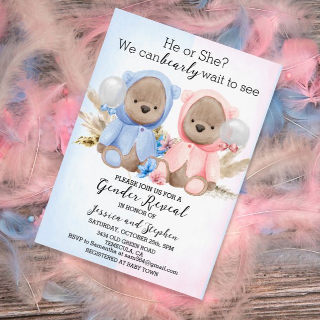Invitación Osos Teddy Boho Revelación de Género Rosa Azul (Subido por el creador)
