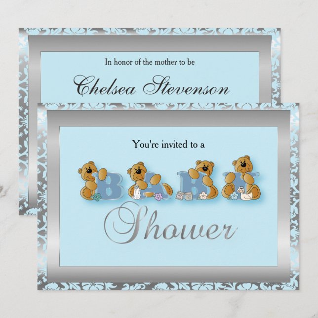 Invitación Osos Teddy Teddy de plata y azul | Baby Shower (Anverso / Reverso)