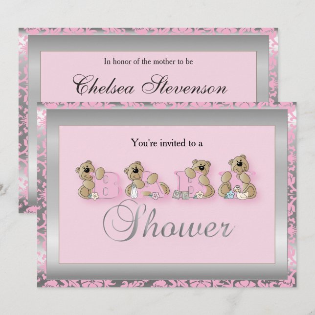 Invitación Osos Teddy Teddy de plata y damasco rosa | Baby Sh (Anverso / Reverso)