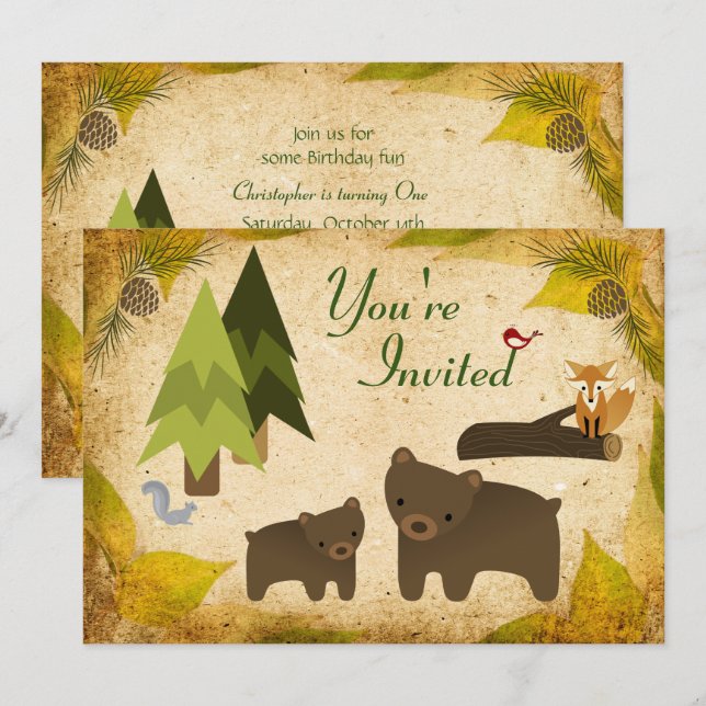 Invitación Osos y animales de Woodland primer cumpleaños (Anverso / Reverso)