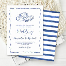 Ostras Dibujadas a Mano Boda Costera Azul Marino