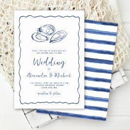 Invitación Ostras Dibujadas a Mano Boda Costera Azul Marino