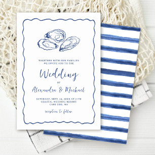 Invitación Ostras Dibujadas a Mano Boda Costera Azul Marino
