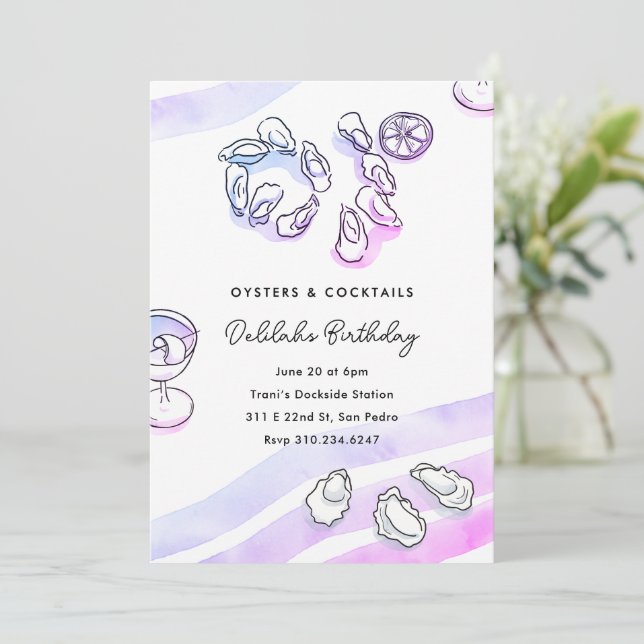Invitación Ostras y cócteles de tinta acuarela sofisticados (Anverso de pie)