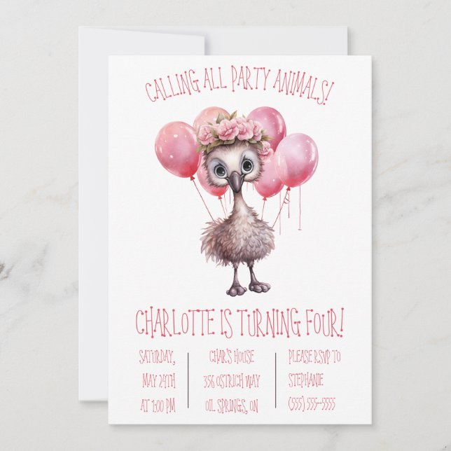 Invitación Ostrich de bebé con globos Fiesta de cumpleaños (Anverso)