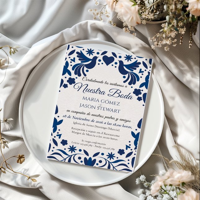 Invitación Otomi Blue Floral Elegant Fiesta Spanish Wedding (Otomi Blue Floral Elegant Fiesta Spanish Wedding Invitation)