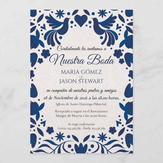 Invitación Otomi Blue Floral Elegant Fiesta Spanish Wedding (Anverso)