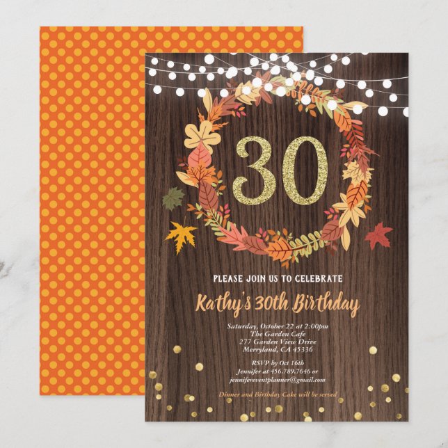 Invitación Otoño 30 cumpleaños madera rústica Acción de Graci (Anverso / Reverso)