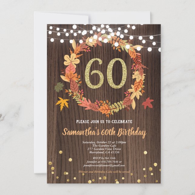 Invitación Otoño 60 cumpleaños agradecimientos oro de madera  (Anverso)
