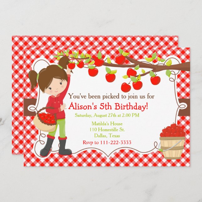 Invitación Otoño Apple Picking Brunette Cumpleaños (Anverso / Reverso)