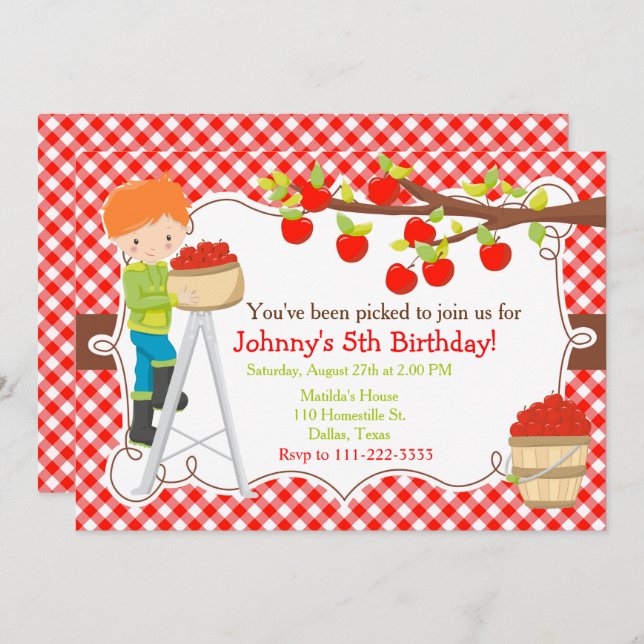 Invitación Otoño Apple Picking Red Hair Cumpleaños (Anverso / Reverso)