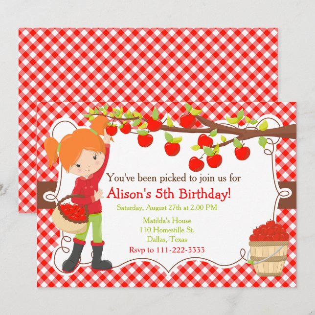 Invitación Otoño Apple Picking Red Hair Cumpleaños (Anverso / Reverso)