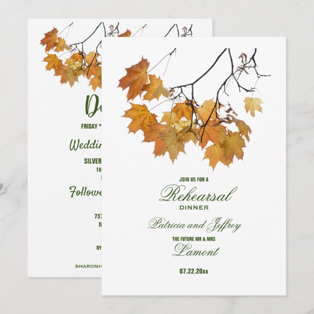 Invitación Otoño artístico deja la cena de ensayo Boda (Anverso / Reverso)