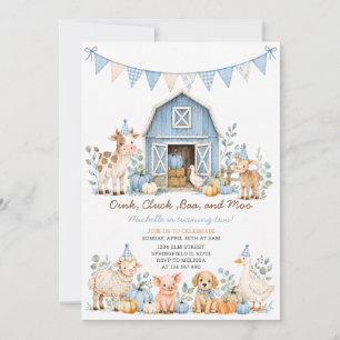Invitación Otoño Azul Cumpleaños Granja Animales Gingham