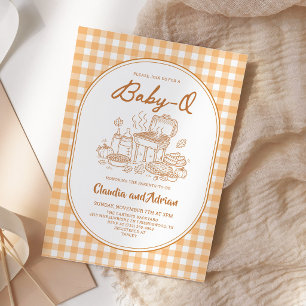 Invitación Otoño Baby Q BBQ Baby Shower Cuadros Naranjas
