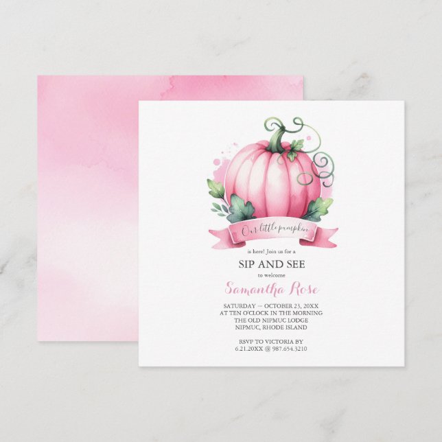 Invitación Otoño Baby Shower Little Pumpkin Sip and See (Anverso / Reverso)
