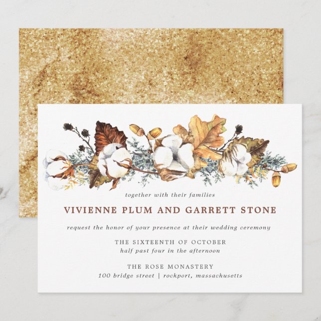 Invitación Otoño blanco floral deja Boda (Anverso / Reverso)
