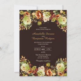 Invitación Otoño Boda Brown Verde y Naranja quemado Floral