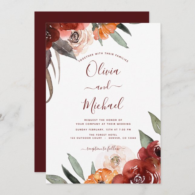 Invitación Otoño Boda Burgundy Floral Caída (Anverso / Reverso)