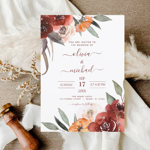 Invitación Otoño Boda Burgundy Floral Caída