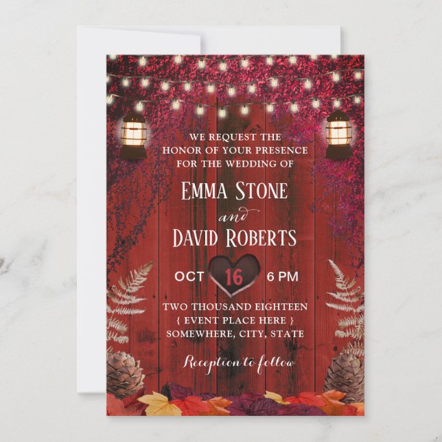 Invitación Otoño Boda Caída Rústica de Linterna de Madera Roj (Anverso)