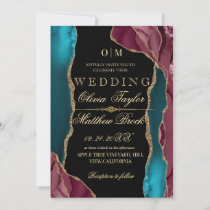 Invitación Otoño Boda de agate de oro negro rojo moderno