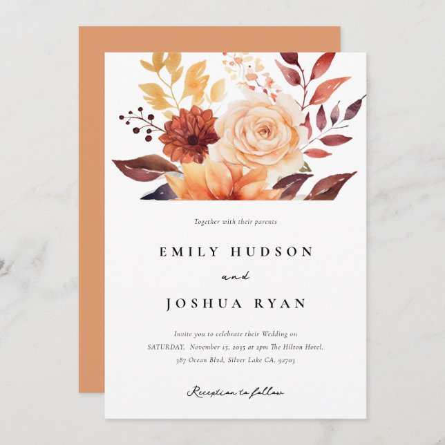 Invitación Otoño Boda Floral Boho (Anverso / Reverso)