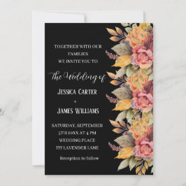 Invitación Otoño Boda floral de acuarela negra rústica