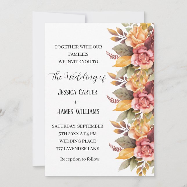 Invitación Otoño Boda floral de acuarela rusa (Anverso)