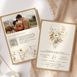 Invitación Otoño Boho Flor Silvestre Código QR Foto Boda